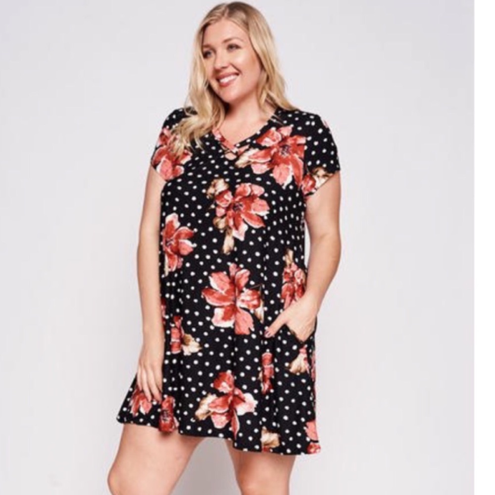 1X-3X Flowers and Polka Swing Dress - Picture 3 of 3